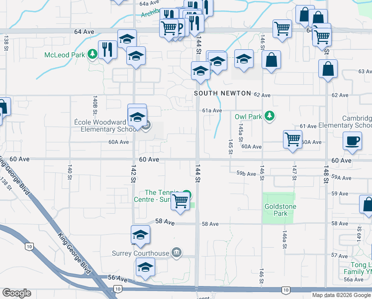 map of restaurants, bars, coffee shops, grocery stores, and more near 14377 60 Avenue in Surrey