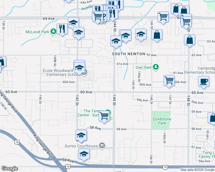 map of restaurants, bars, coffee shops, grocery stores, and more near 14377 60 Avenue in Surrey