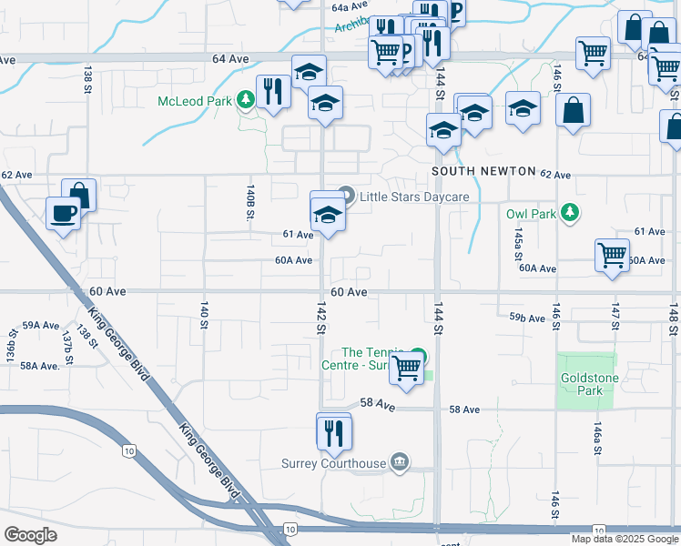 map of restaurants, bars, coffee shops, grocery stores, and more near 6030 142 Street in Surrey