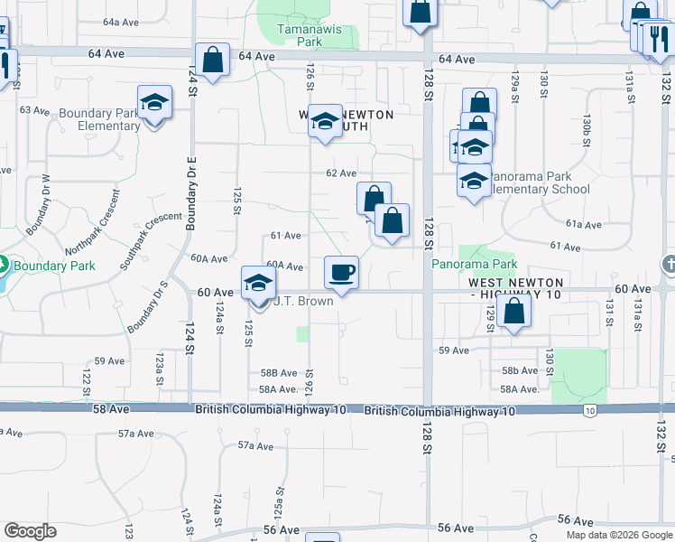 map of restaurants, bars, coffee shops, grocery stores, and more near 12646 60A Avenue in Surrey