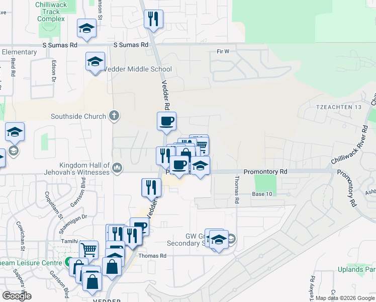 map of restaurants, bars, coffee shops, grocery stores, and more near 6336 Vedder Road in Chilliwack