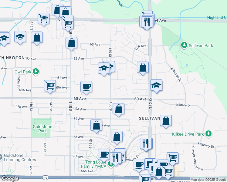 map of restaurants, bars, coffee shops, grocery stores, and more near 150 60th Avenue in Surrey