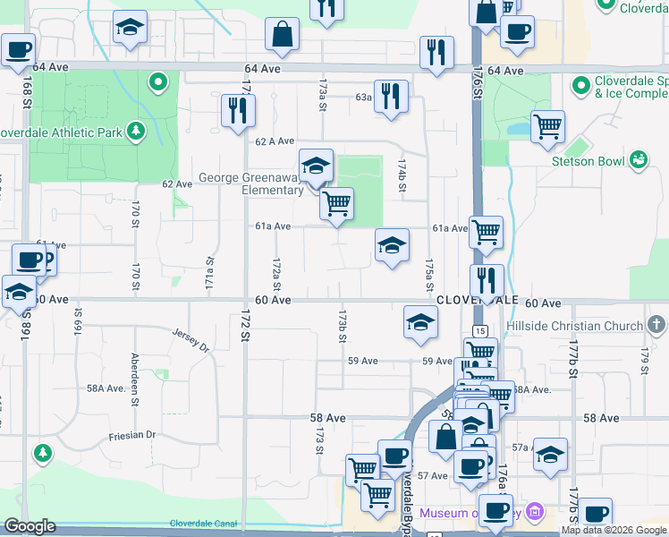 map of restaurants, bars, coffee shops, grocery stores, and more near 17346 60A Avenue in Surrey