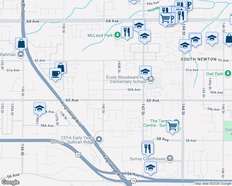 map of restaurants, bars, coffee shops, grocery stores, and more near in Surrey