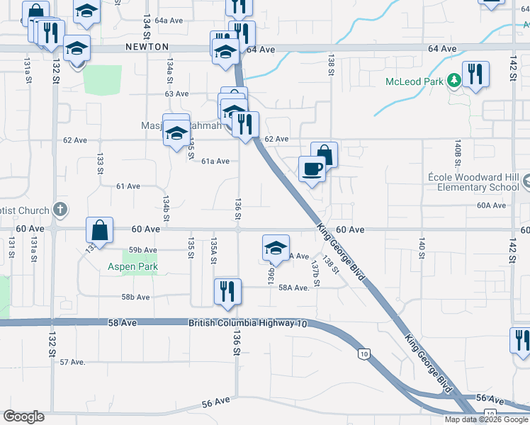 map of restaurants, bars, coffee shops, grocery stores, and more near 13660 60A Avenue in Surrey