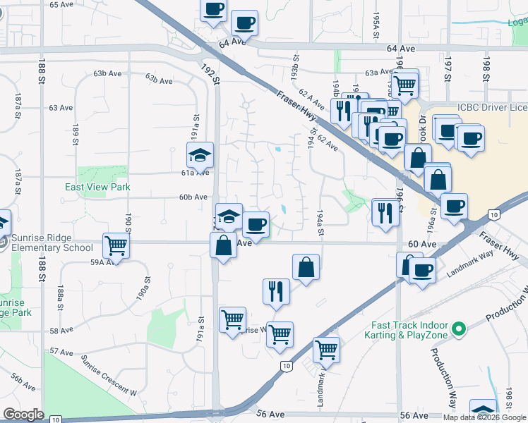 map of restaurants, bars, coffee shops, grocery stores, and more near 6076 Greenside Drive West in Surrey