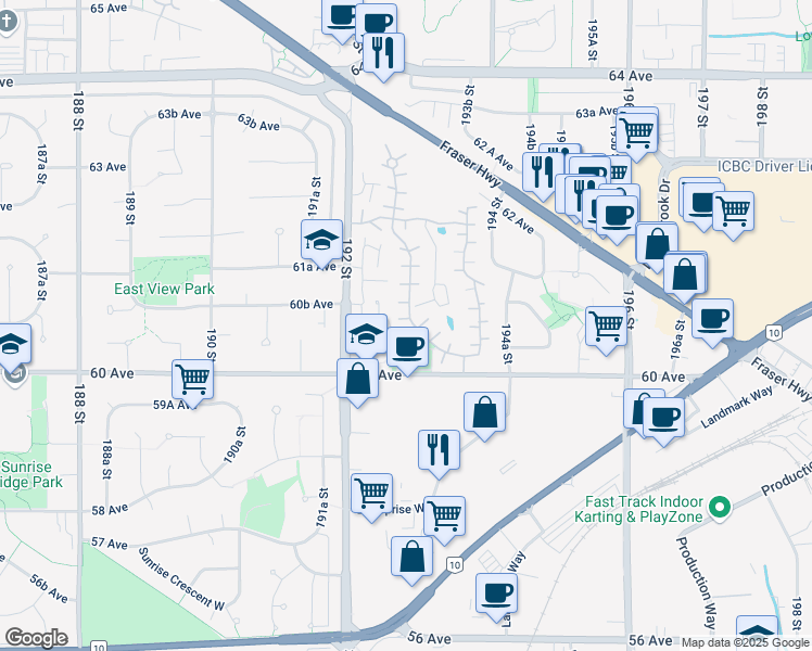 map of restaurants, bars, coffee shops, grocery stores, and more near 6043 Greenside Drive West in Surrey
