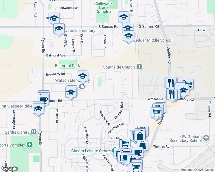 map of restaurants, bars, coffee shops, grocery stores, and more near 6080 Glengarry Drive in Chilliwack