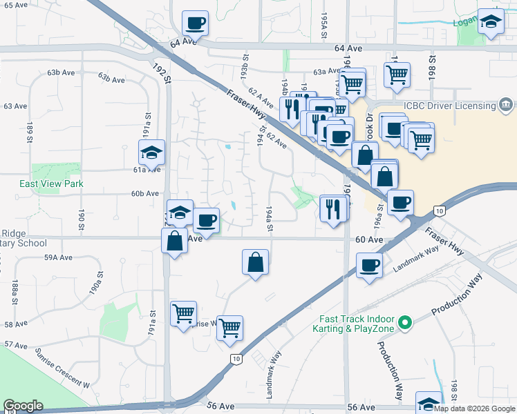 map of restaurants, bars, coffee shops, grocery stores, and more near 6030 Greenside Drive East in Surrey