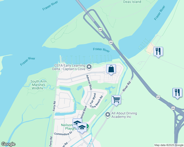 map of restaurants, bars, coffee shops, grocery stores, and more near 4 Admiral Way in Delta