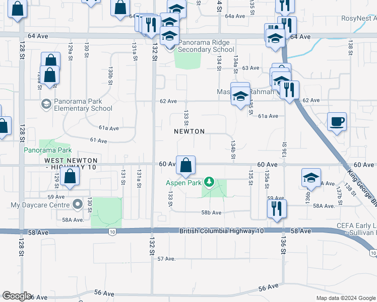 map of restaurants, bars, coffee shops, grocery stores, and more near 6049 133A Street in Surrey