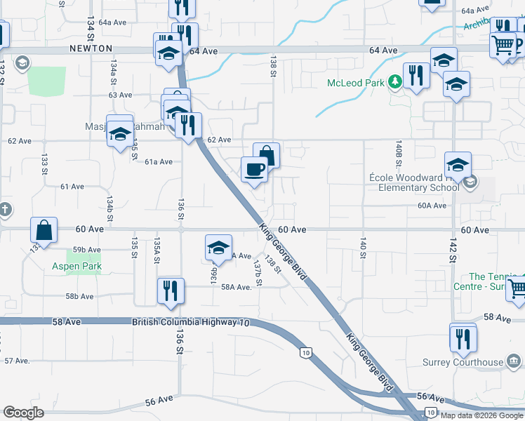 map of restaurants, bars, coffee shops, grocery stores, and more near 6055 138 Street in Surrey
