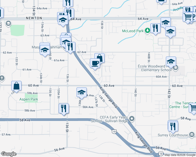 map of restaurants, bars, coffee shops, grocery stores, and more near 63 138 Street in Surrey