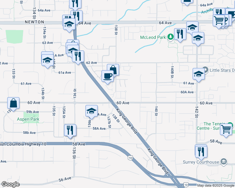map of restaurants, bars, coffee shops, grocery stores, and more near 6042 138 Street in Surrey