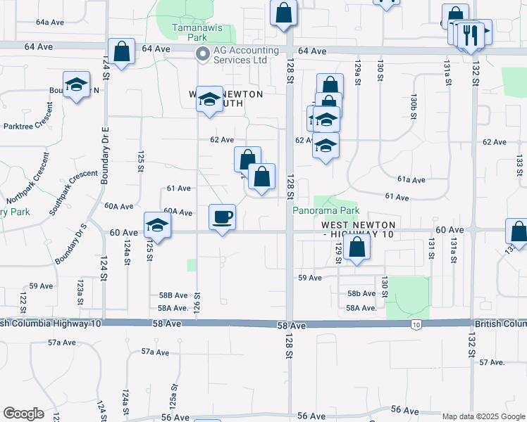 map of restaurants, bars, coffee shops, grocery stores, and more near 12761 60A Avenue in Surrey