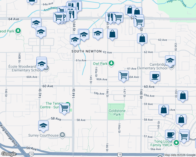 map of restaurants, bars, coffee shops, grocery stores, and more near 6060 145A Street in Surrey