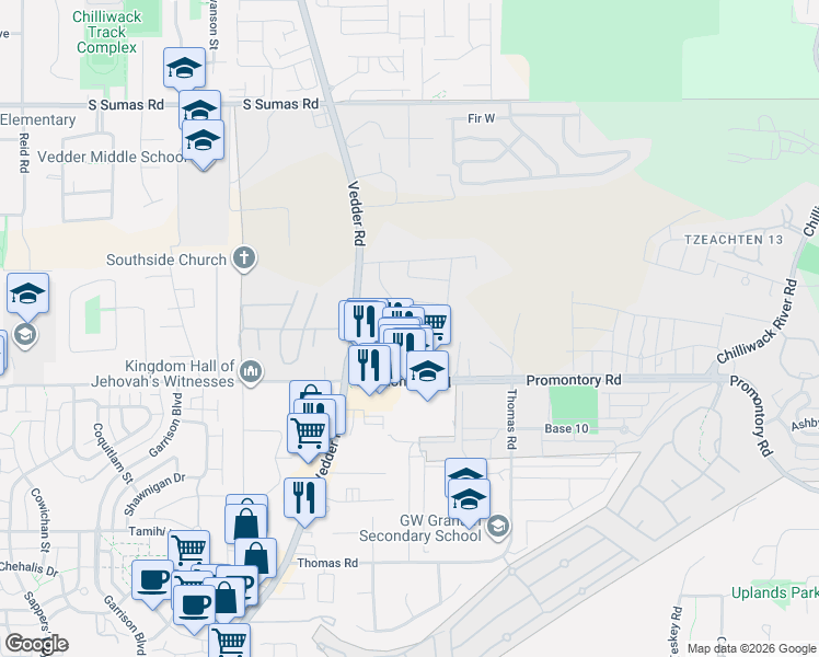 map of restaurants, bars, coffee shops, grocery stores, and more near 6338 Vedder Road in Chilliwack