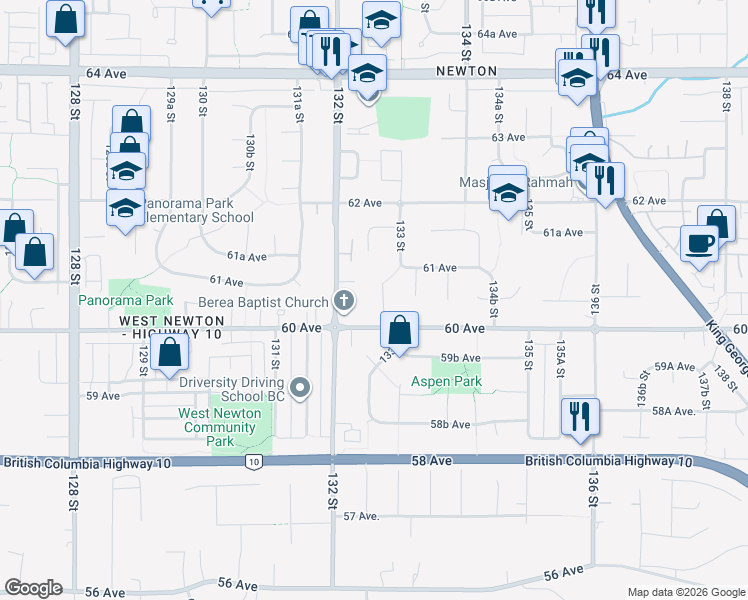 map of restaurants, bars, coffee shops, grocery stores, and more near 6039 132A Street in Surrey