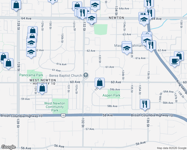 map of restaurants, bars, coffee shops, grocery stores, and more near 6039 132A Street in Surrey