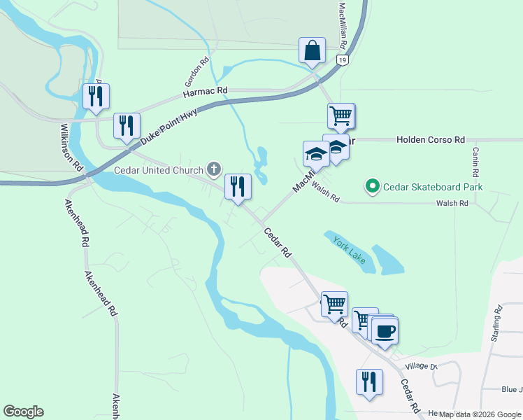 map of restaurants, bars, coffee shops, grocery stores, and more near Sanford Way in Nanaimo