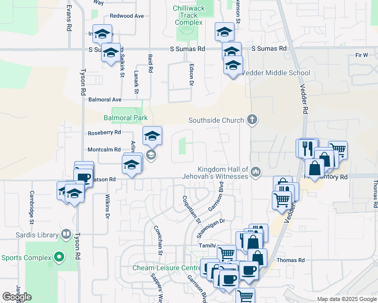 map of restaurants, bars, coffee shops, grocery stores, and more near 6075 Glengarry Drive in Chilliwack