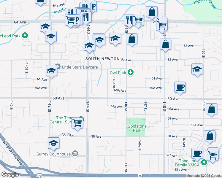map of restaurants, bars, coffee shops, grocery stores, and more near 6046 145 Street in Surrey