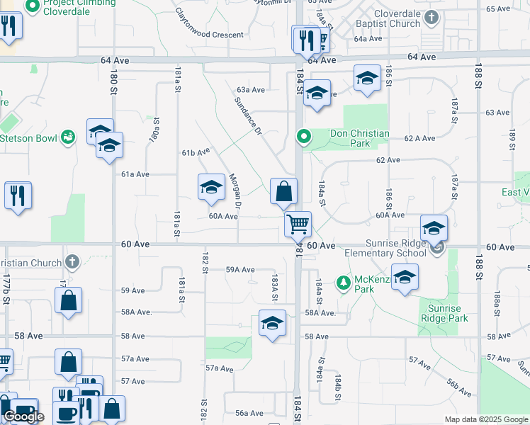 map of restaurants, bars, coffee shops, grocery stores, and more near 18329 Hunter Place in Surrey