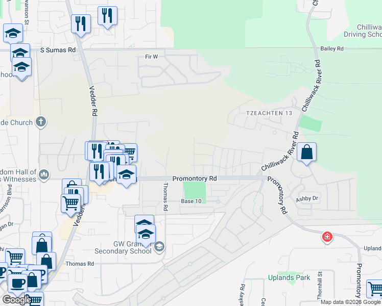 map of restaurants, bars, coffee shops, grocery stores, and more near 46211 Promontory Road in Chilliwack