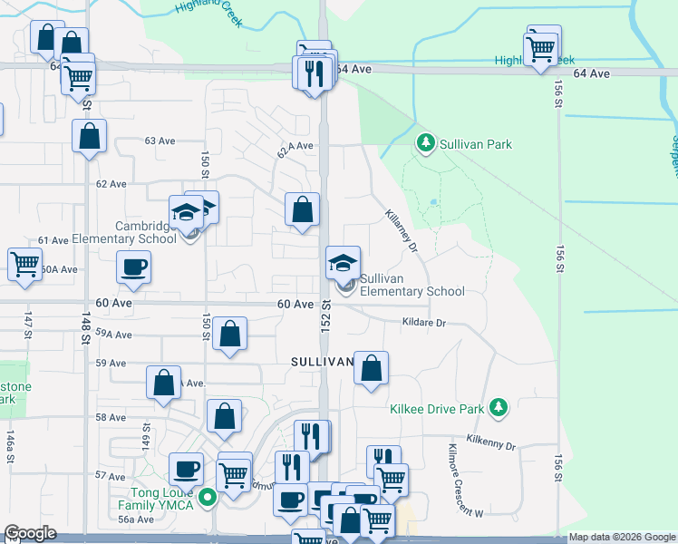 map of restaurants, bars, coffee shops, grocery stores, and more near 6127 152A Street in Surrey