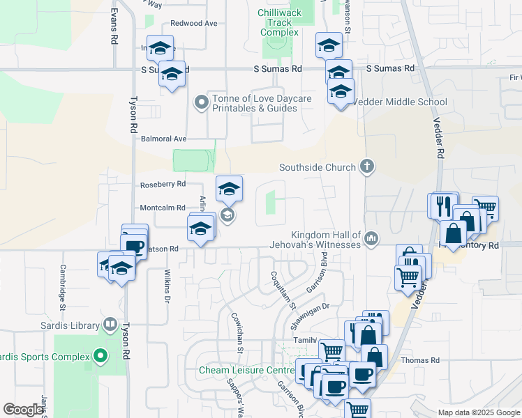 map of restaurants, bars, coffee shops, grocery stores, and more near 6072 Glenroy Drive in Chilliwack
