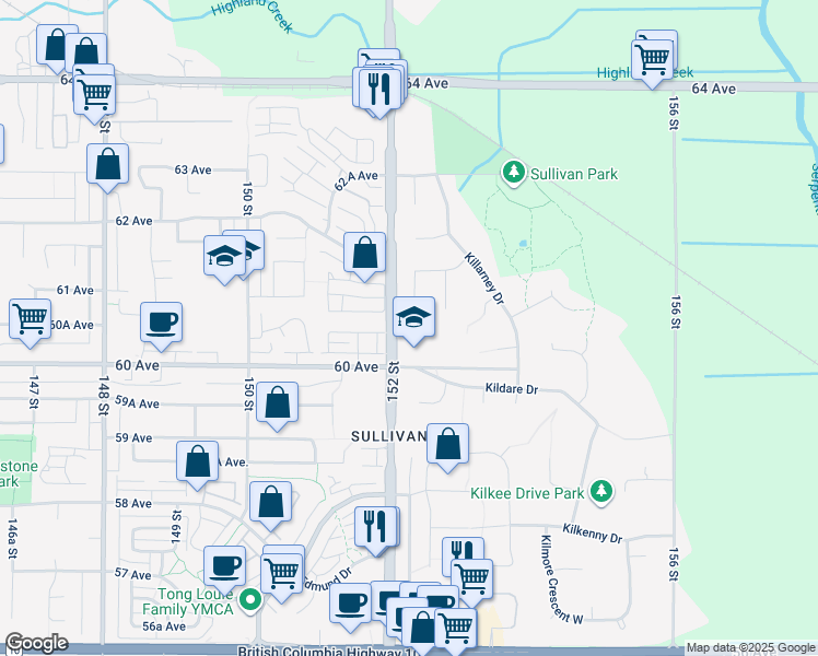 map of restaurants, bars, coffee shops, grocery stores, and more near 6127 152A Street in Surrey