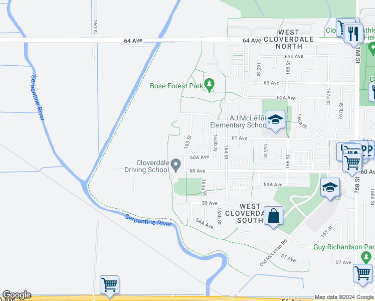 map of restaurants, bars, coffee shops, grocery stores, and more near 6058 163 Street in Surrey