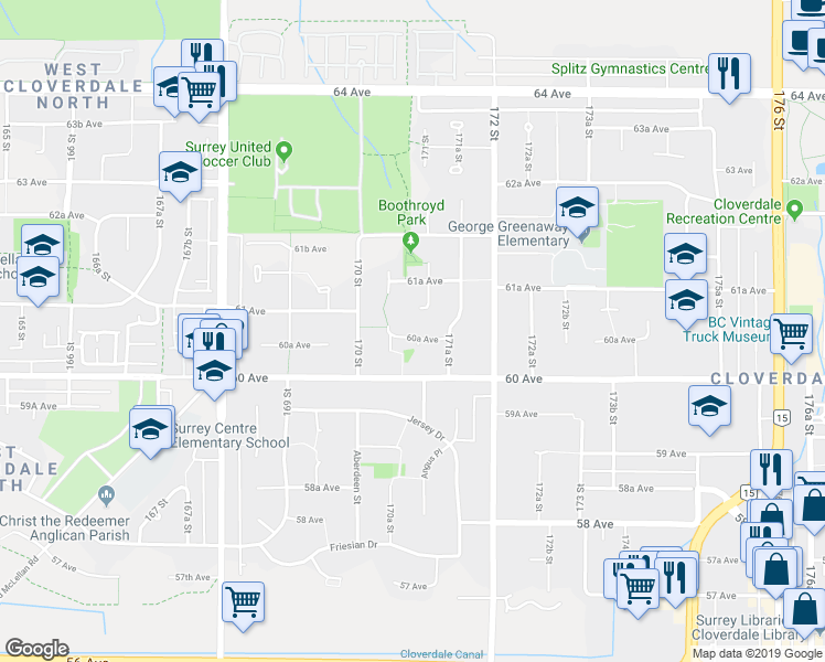map of restaurants, bars, coffee shops, grocery stores, and more near 17081 60A Avenue in Surrey