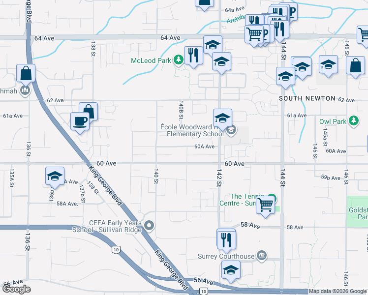 map of restaurants, bars, coffee shops, grocery stores, and more near 6035 141 Street in Surrey