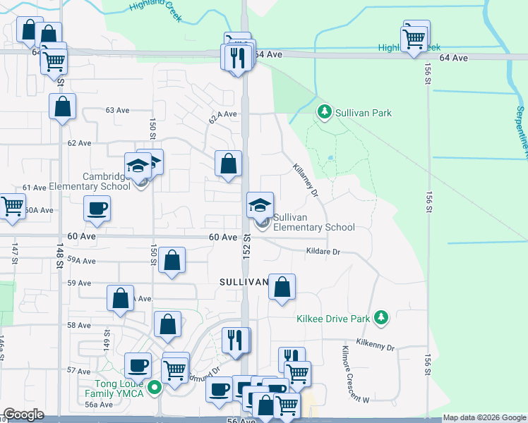 map of restaurants, bars, coffee shops, grocery stores, and more near 6122 152A Street in Surrey