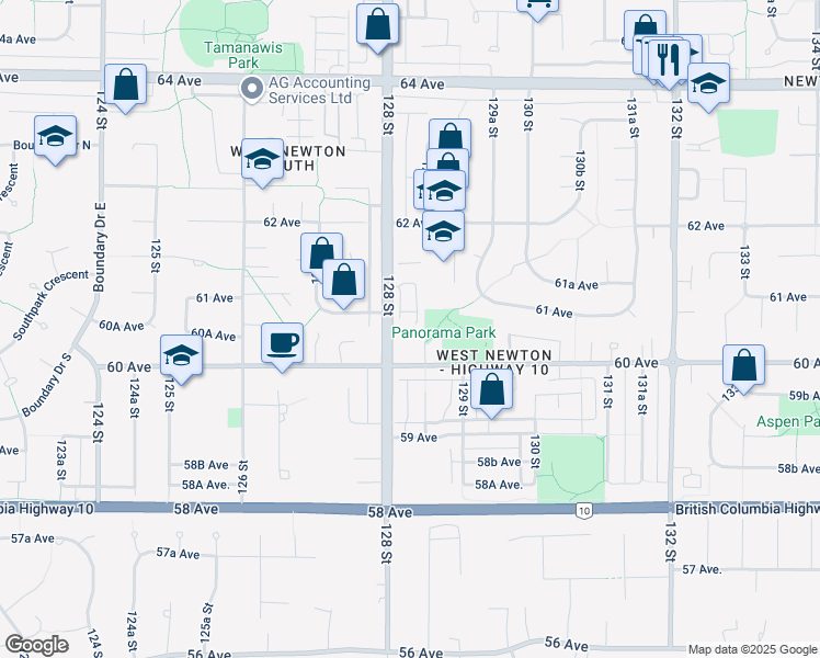 map of restaurants, bars, coffee shops, grocery stores, and more near 6116 128 Street in Surrey