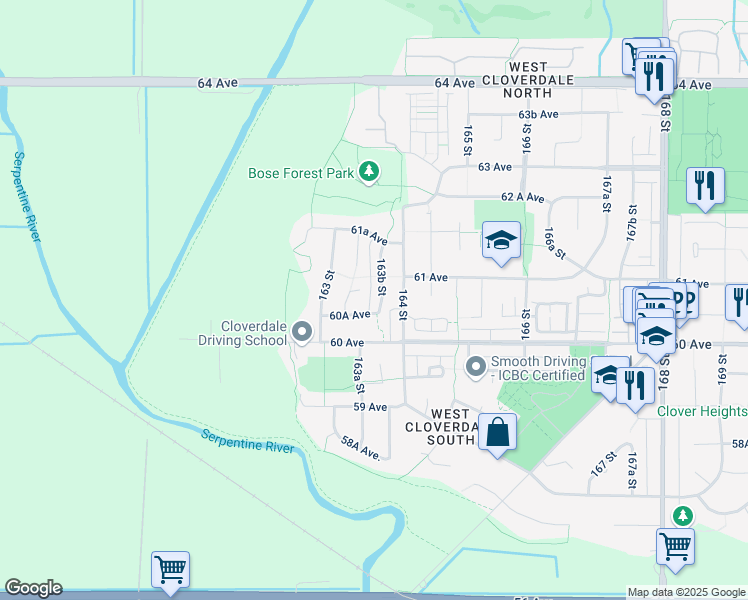 map of restaurants, bars, coffee shops, grocery stores, and more near 6069 163B Street in Surrey