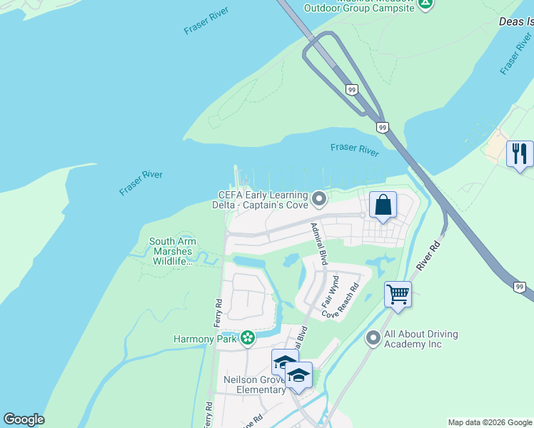 map of restaurants, bars, coffee shops, grocery stores, and more near 5311 Admiral Way in Delta
