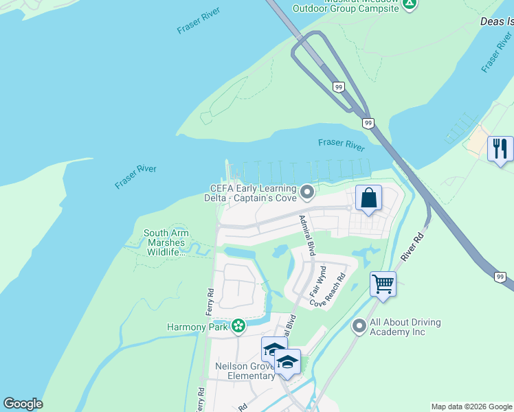 map of restaurants, bars, coffee shops, grocery stores, and more near 5311 Admiral Way in Delta