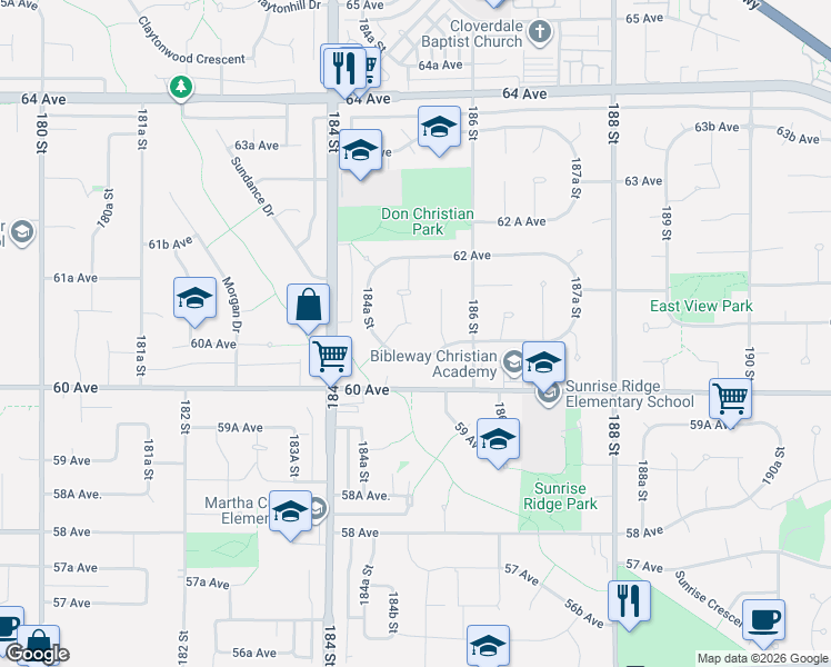 map of restaurants, bars, coffee shops, grocery stores, and more near 6084 185 Street in Surrey