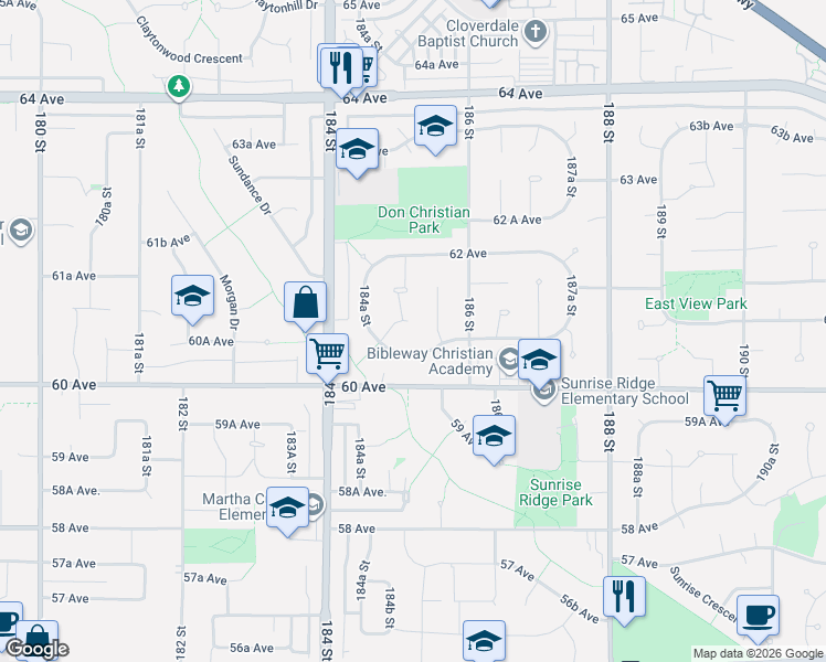 map of restaurants, bars, coffee shops, grocery stores, and more near 6084 185 Street in Surrey