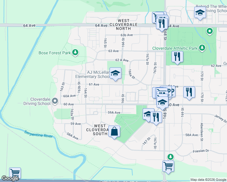 map of restaurants, bars, coffee shops, grocery stores, and more near 6075 165A Street in Surrey