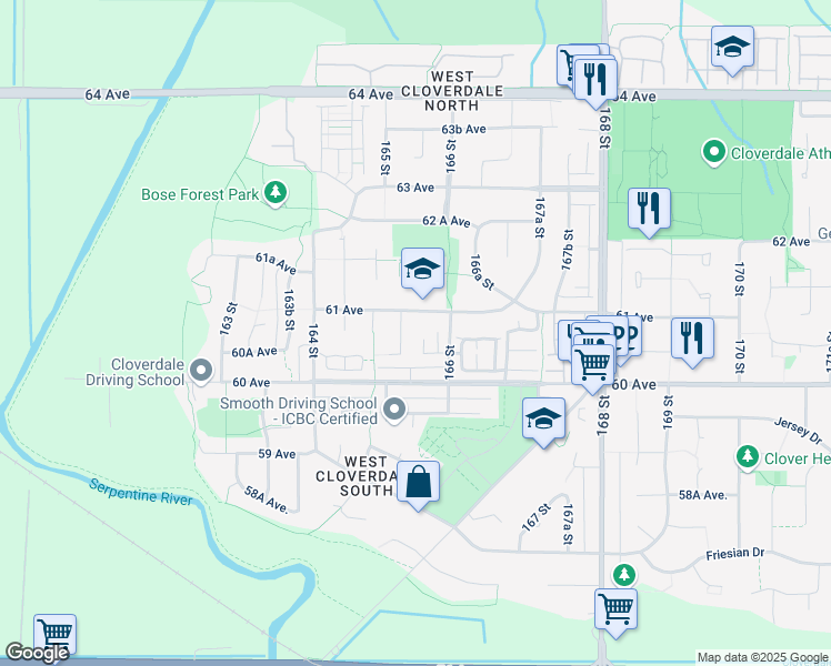 map of restaurants, bars, coffee shops, grocery stores, and more near 6075 165A Street in Surrey