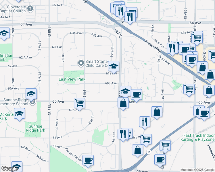 map of restaurants, bars, coffee shops, grocery stores, and more near 19132 60B Avenue in Surrey