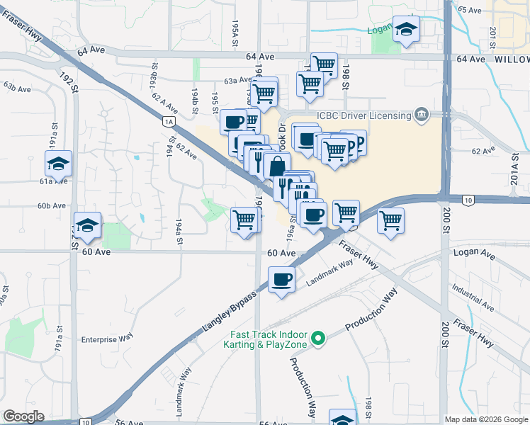 map of restaurants, bars, coffee shops, grocery stores, and more near 7424 196 Street in Langley Township
