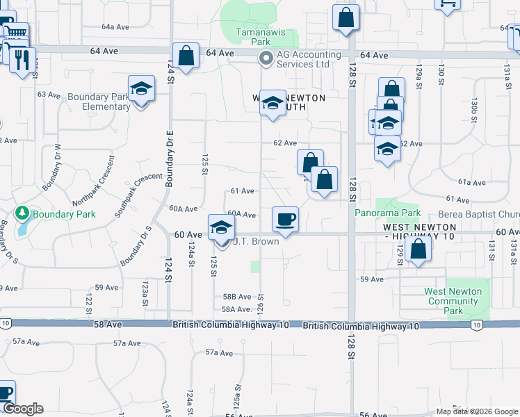 map of restaurants, bars, coffee shops, grocery stores, and more near 6063 126 Street in Surrey