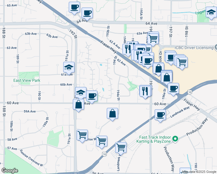 map of restaurants, bars, coffee shops, grocery stores, and more near 6061 Greenside Drive East in Surrey