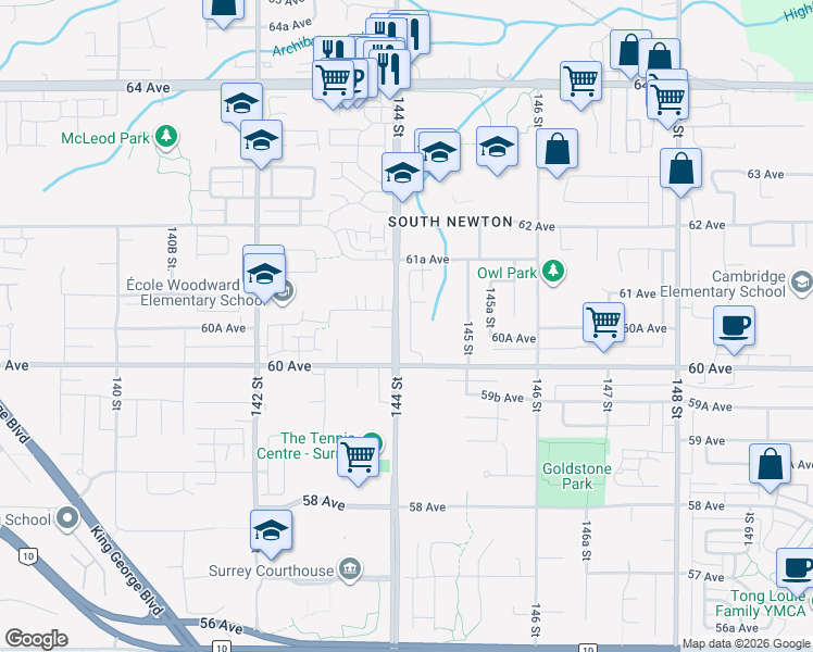 map of restaurants, bars, coffee shops, grocery stores, and more near 14433 60 Avenue in Surrey