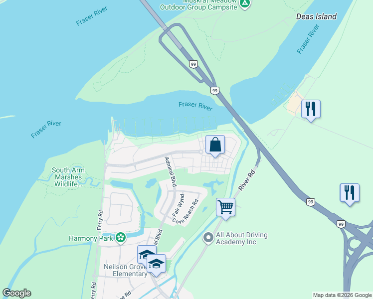 map of restaurants, bars, coffee shops, grocery stores, and more near 5535 Admiral Way in Delta