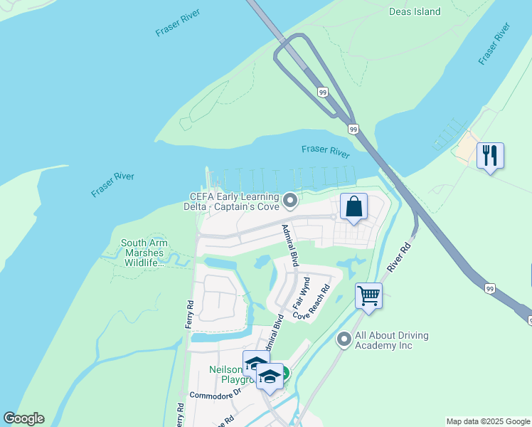map of restaurants, bars, coffee shops, grocery stores, and more near 5311 Admiral Way in Delta